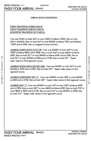 纳什维尔国际机场 Nashville, TN (KBNA): PASLY FOUR (RNAV) (STAR)