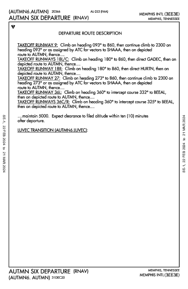 孟菲斯国际机场 Memphis, TN (KMEM): AUTMN SIX (RNAV) (DP)